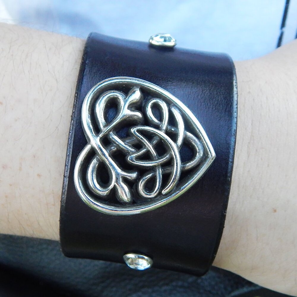 HEART - CELTIC - GENUINE LEATHER CUFF w/ 2 Swarovski Crystals- HANDMADE "USA"